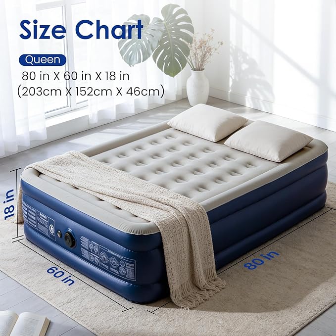 Lamberia Air Mattress with Built in 2 Purpose Pump 18 Raised 660lbs Max Comfort Inflatable Mattress Blow up Mattress Portable Air Bed for Camping Guests Home Colchon(Blue GreyQueen)