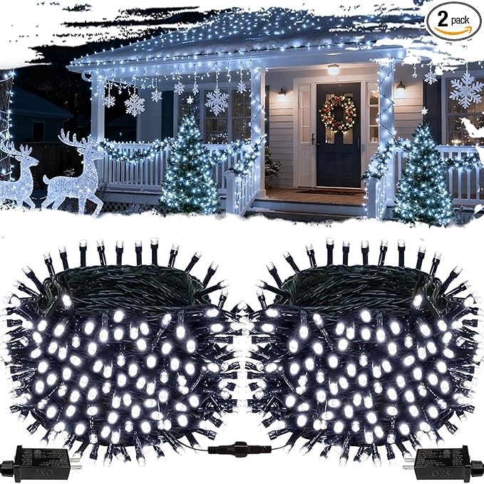 2-Pack Connectable Christmas Lights Outdoor Total 164FT 400LED Christmas String Lights Waterproof with 8 Modes &amp Timer Green Wire Twinkle Lights for Xmas Tree Decorations Outdoor Indoor Cool Wh