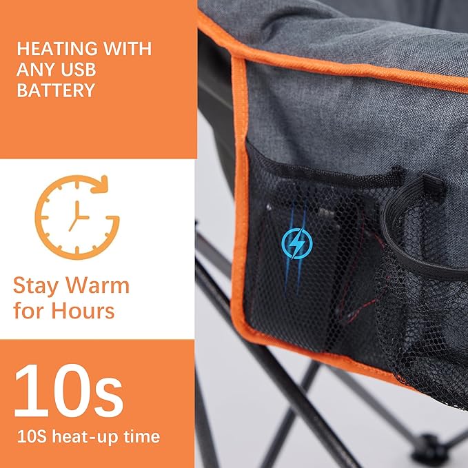 M8TRX Heated Camping and Club Chair Outdoor Portable Folding Chair Supports 350 LBS USB Charging Port Orange and Grey