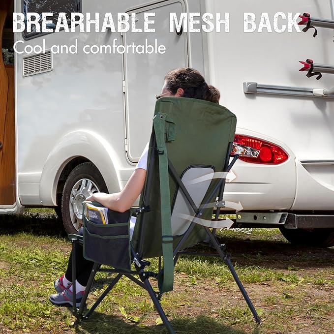 Portal Oversized Folding High Back Portable Lawn Chairs for Adults Outdoor Camp Sports Hunting Fishing Backyard with Hard Armrest Cup Holder Carrying Strap Supports 400LBS Green