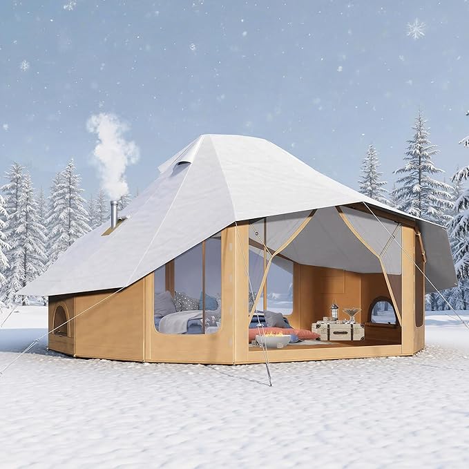 SPECRAFT Canvas Bell Yurt Tents &amp Inflatable Tent for Camping Waterproof Glamping Tent with Stove Jack Breathable Mesh Snowproofing Spacious 4-Season Family Shelter for Outdoor Camping Partie
