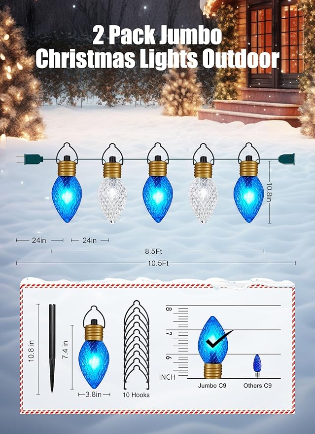 Minetom Strawberry C9 Christmas Jumbo Lights - 2 Pack 10.5 Feet 5 Light Christmas Pathway Lights Outdoor C7 Light Covered Jumbo Bulb Decorations for Lawn Garden Outside Blue ＆ Cool White