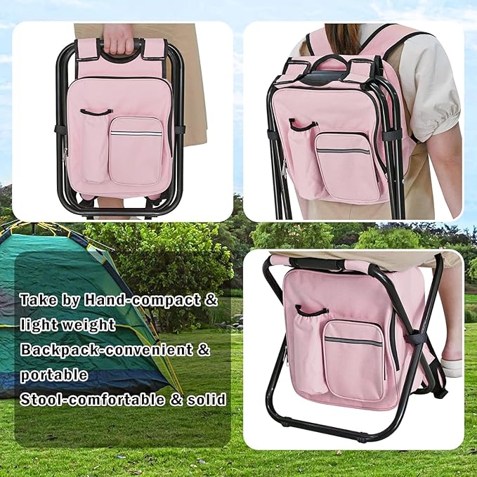 Out&ampAbout 3-in-1 Backpack Stool Cooler Chair 400 LBS Max Load Portable Folding Fishing Cooler Stool - Pink