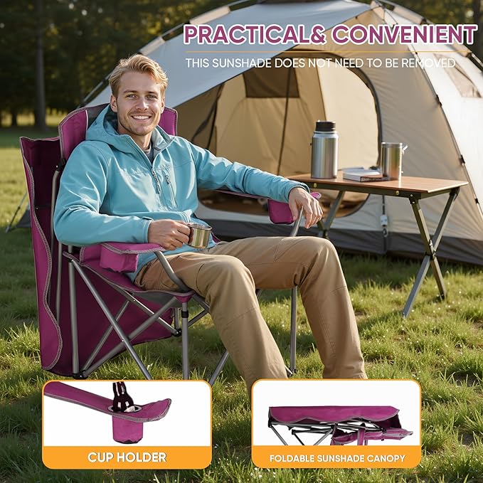 Northroad Folding Camping Chairs with Canopy Shade Beach Chair w/Cup Holders Armrests &amp Carry Bag for Outdoors Travel Sports Fishing Purple