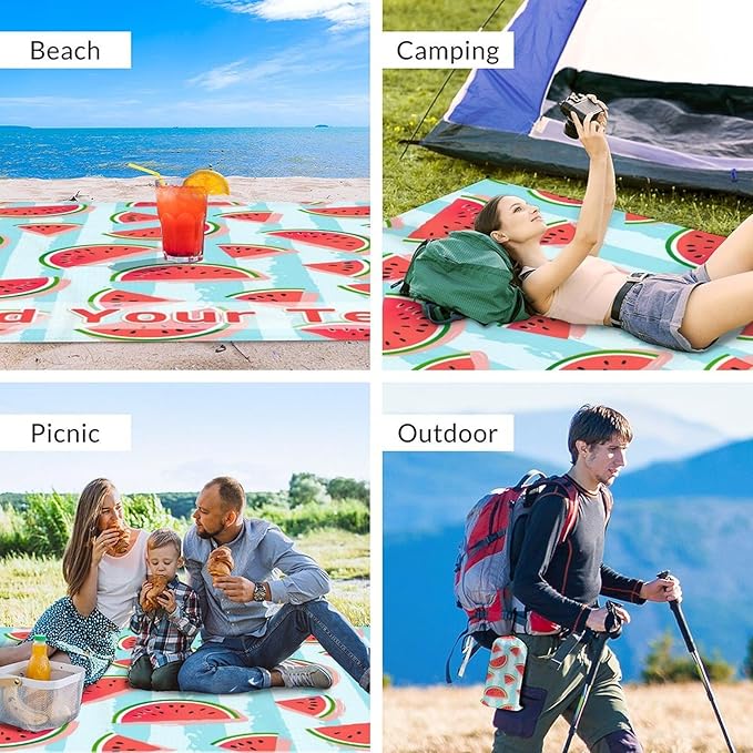 Personalized Beach Blanket Waterproof Sandproof 118x110 Inches Custom Oversized Watermelon Beach Mat for 6-8 Adults Lightweight Picnic Blanket with 4 Corner Pockets for Outdoor Travel Camping