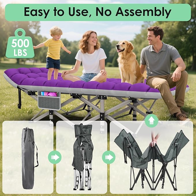 Suteck Camping Cot Folding Camping Cot Bed for Adults Sleeping 1200D Double Layer Oxford Portable Folding Outdoor Cots for Camping W/Soft Pad Carry Bag for Home Office Nap Beach Travel 500LBSPurple