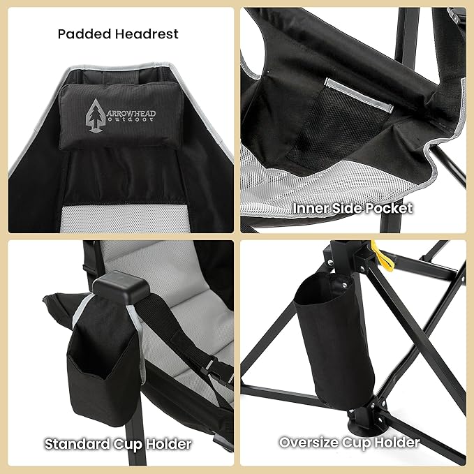 Arrowhead Outdoor Folding Hammock Camp Chair with Detachable Footrest Stabilized Feet Padded Headrest and Seat Large Cup Holders 300 LBS Weight Capacity for Camping Beach Tailgating
