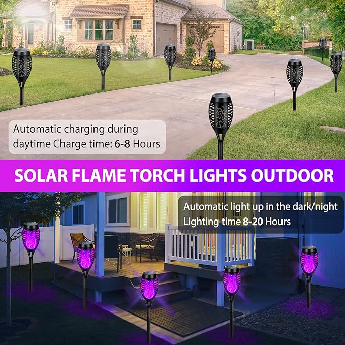 Solar Lights Outdoor Upgraded 12 Pack Purple Solar Torch Light with Flickering Flame Waterproof for Garden Decor Flame Torches for Outside Landscape Porch Yard Pathway Decorations