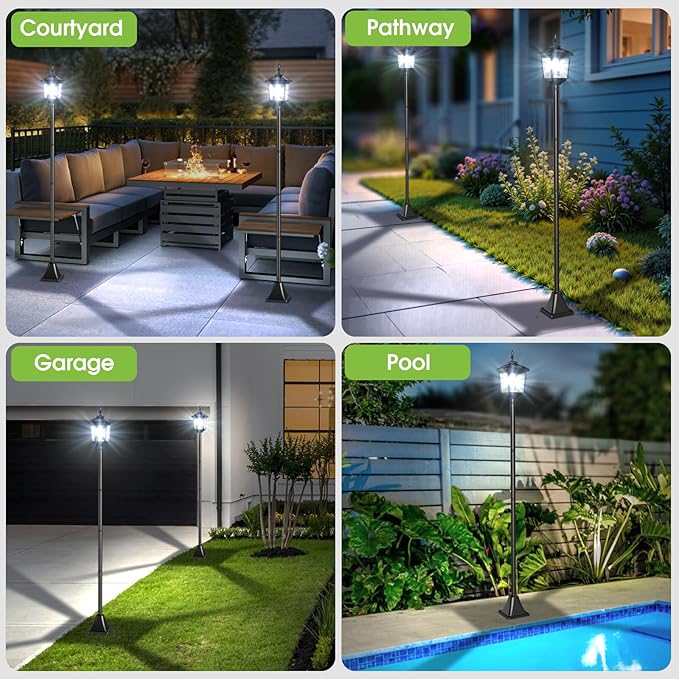 Greluna Solar Lamp Post Light Outdoor Cool White IP45 Waterproof Solar Post Lights Outdoor Pole Lights Decorative Lamp for Yard Garden Patio Lawn Pathway Driveway Front/Back Door 2 Pack