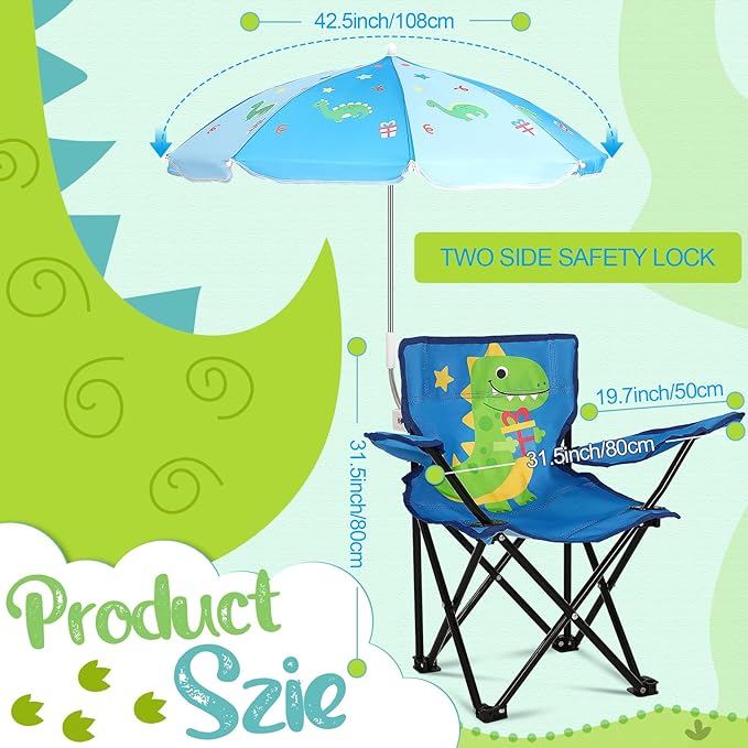 Outdoor Toddler Camping Chair with Umbrella Foldable Beach Chairs with Safety Lock for Kids Waterproof Lawn Kids Folding Chair for Outside Beach Travel(Dinosaur)