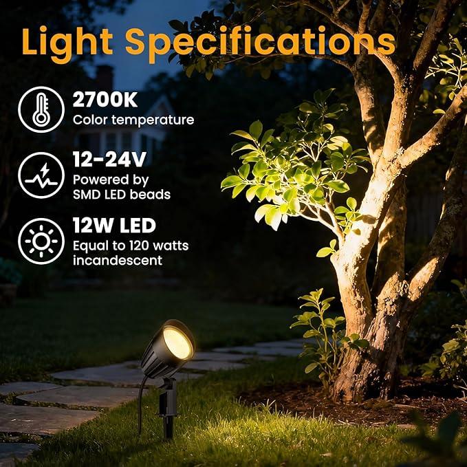 Low Voltage Landscape Lighting Kit 12W Landscape Lights with Transformer 65FT UL-Listed Wire &amp Connectors 2700K Waterproof Outdoor Garden Lights for Yard House Tree 12V-24V 8Pack