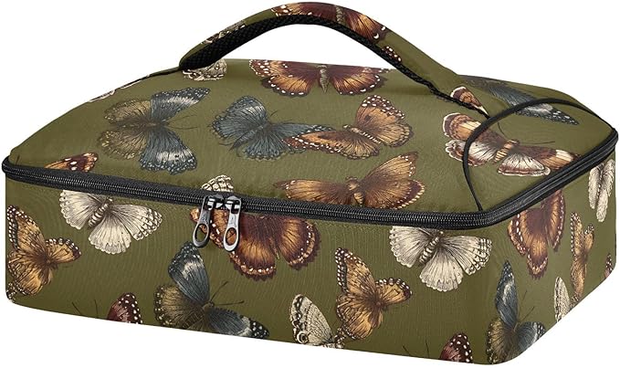 Casserole Carrier Green ButterfliesInsulated Casserole Carrier for Hot or Cold Food Thermal Lunch Tote for Potluck Parties Picnic Beach Fits 9 x 13 Inches Baking Dish