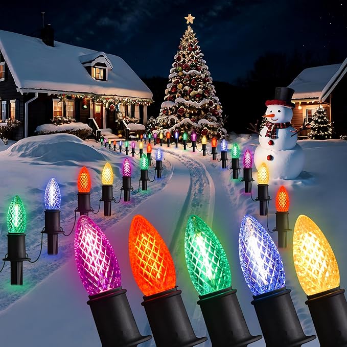 GAGALIFE 29Ft C9 Christmas Pathway Lights Outdoor - 25 LED Lights with 25 Marker Stakes for Walkway Waterproof Plug in C9 Christmas Light Outdoor for Driveway Yard Lawn Decorations Multicolor