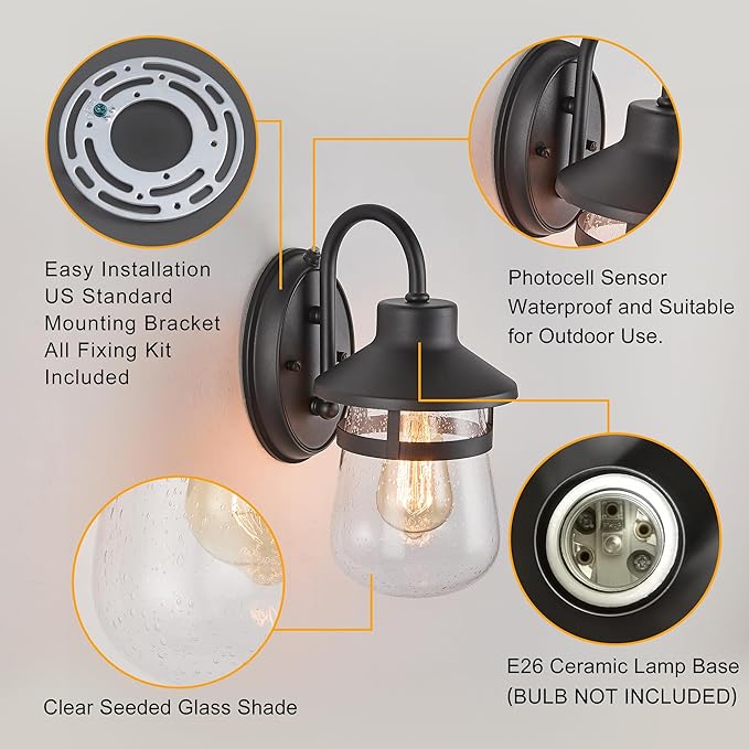 Classic Outdoor Porch Lights Wall Mounted Textured Black Clear Seeded Glass Waterproof and Anti-Rust Exterior Lights for Patio Yard House Hallway Doorway and Garage.