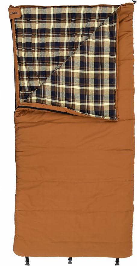 ALPS OutdoorZ Redwood -10°F Flannel-Lined Sleeping Bag with Cotton Canvas Shell Heavy-Duty Zippers Oversized Rectangle Design Cold Weather Camping &amp Hunting Gear