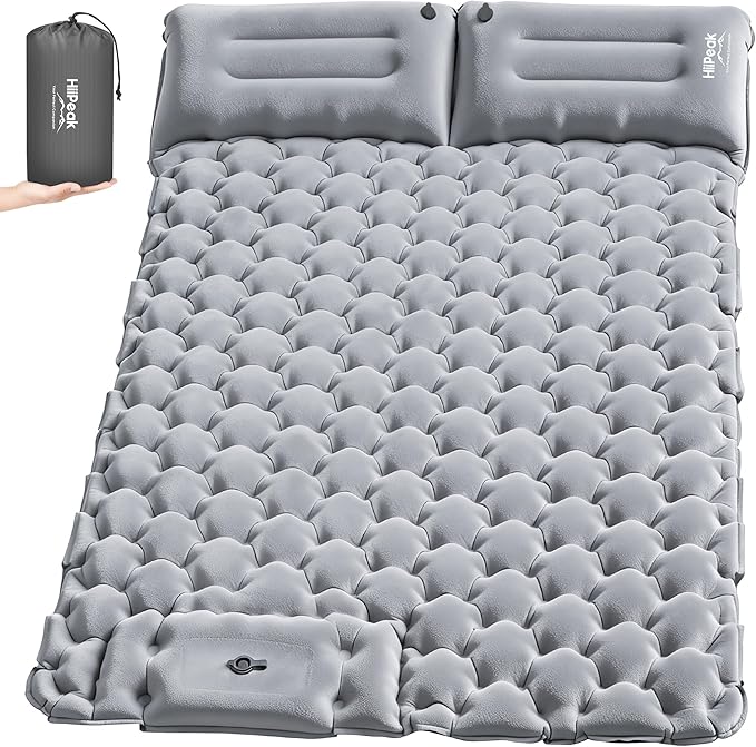 HiiPeak Double Sleeping Pad for Camping - Ultralight Camping Mattress with Pillow Built-in Foot Pump Compact Inflatable 2-Person Portable Mat for Backpacking Hiking Car Traveling Beach Tent