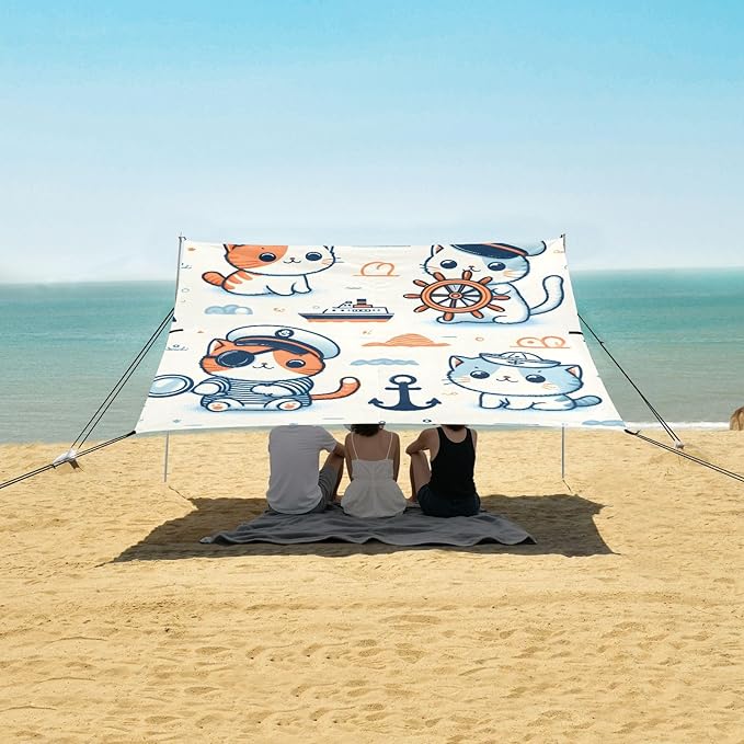 Cute Cat with Sailing Elements Camping Sun Shelter Beach Tent Portable Beach Sun Shade Outdoor Canopy for Camping Trips Fishing Picnic