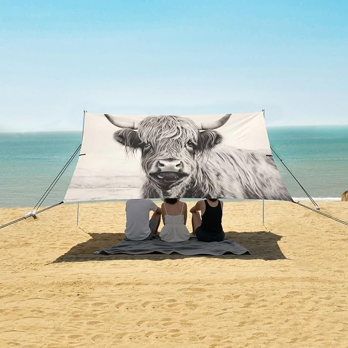 Highland Cow Gray Beach Tent Sun Shelter 9.2' x 10.5' Beach Canopy with 4 Sandbags 4 Stability Poles Sand Shovels - Tent Canopy for Beach Camping Fishing Picnics