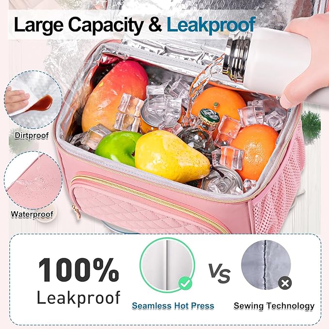 Lunch Bags for Women Dual Compartment Lunch Box Lunch Bag for Work Leakproof Lunch Cooler Large Insulated Lunchbox for Adult for Women Men Lunchbag for Picnic Beach (Pink)
