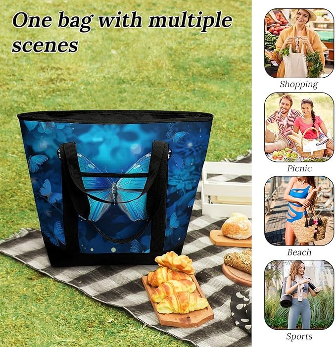 Insulated Shopping BagLarge Reusable Cooler Bags Blue Beautful Butterfly Printed Foldable Shopping BagTravel Waterproof Shoulder Bag
