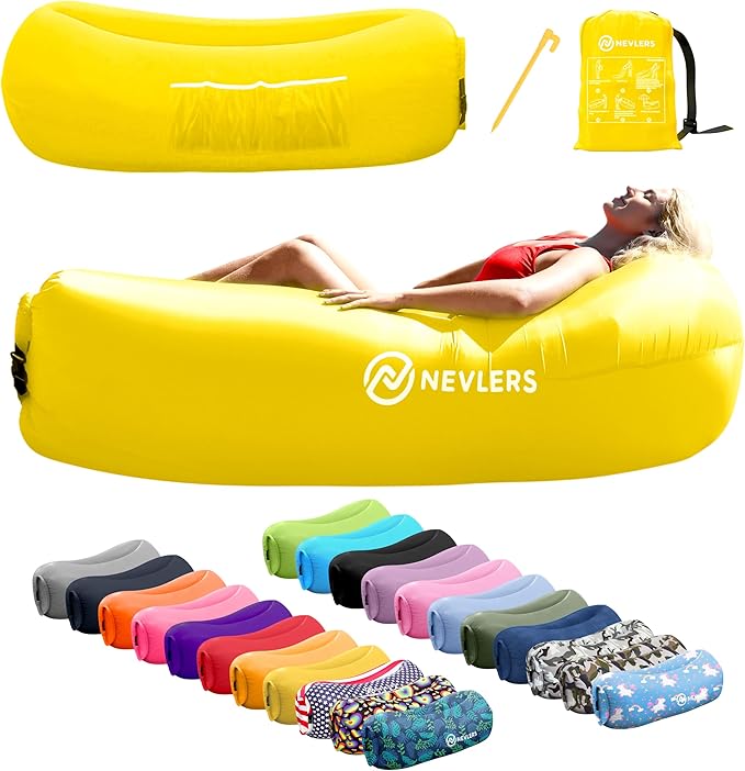 Nevlers Yellow Inflatable Lounger | 210T Polyester Air Couch | No-Pump Blow Up Chair | Inflatable Chair w/ 450lbs. Cap. Pockets &amp Matching Bag | for Use as Outdoor Inflatable Couch for Adults &am