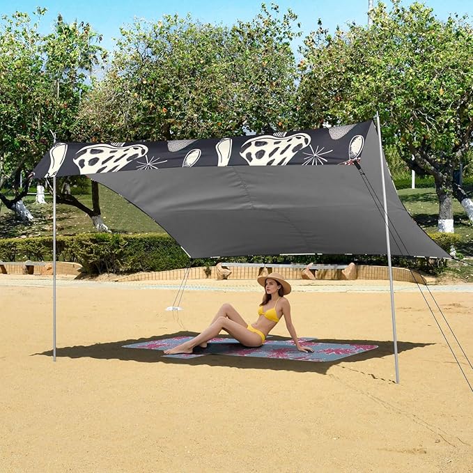 Mushrooms Black Beach Tent Sun Shelter 9.2' x 10.5' Beach Canopy with 4 Sandbags 4 Stability Poles Sand Shovels - Tent Canopy for Beach Camping Fishing Picnics
