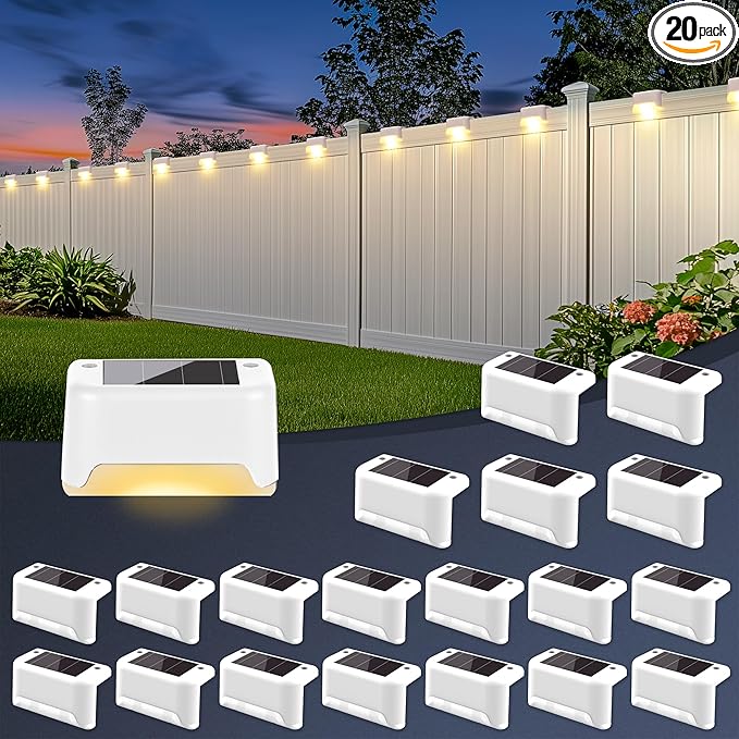 Solar Deck Lights Outdoor Waterproof Solar Powered Fence Lights for Outside Stairs Step Yard Patio Garden and Pathway Decor(Warm White) 20Pack
