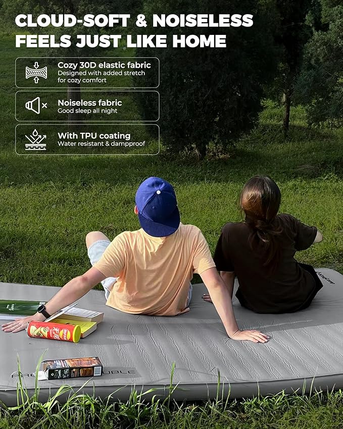 KingCamp Self Inflating Sleeping Pad R 7.9 Air &amp Foam Camping Mattress 2 Person 3 Thick Full Size Double Sleeping Pad with Pillow for Camp Tent Outdoor Car PVC Free (Grey)
