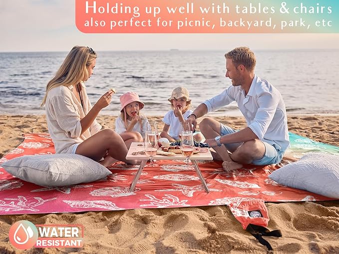 WEKAPO Beach Blanket Waterproof Sandproof &amp Sand-Free Beach Mat with Stakes &amp Built-in Storage Bag – Oversized Extra Large Perfect for Outdoor (Coral Sea Shells 8 X 7 FT (1~4 Person))