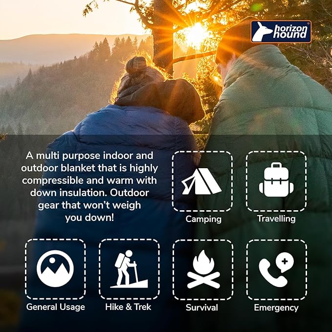 Horizon Hound Puffy Down Camping Blanket - Outdoor Travel Quilt | Sustainable Insulated Lightweight &amp Warm Gear for Sleep Camping Stadium Hiking &amp Festivals | Water Resistant Packable &a