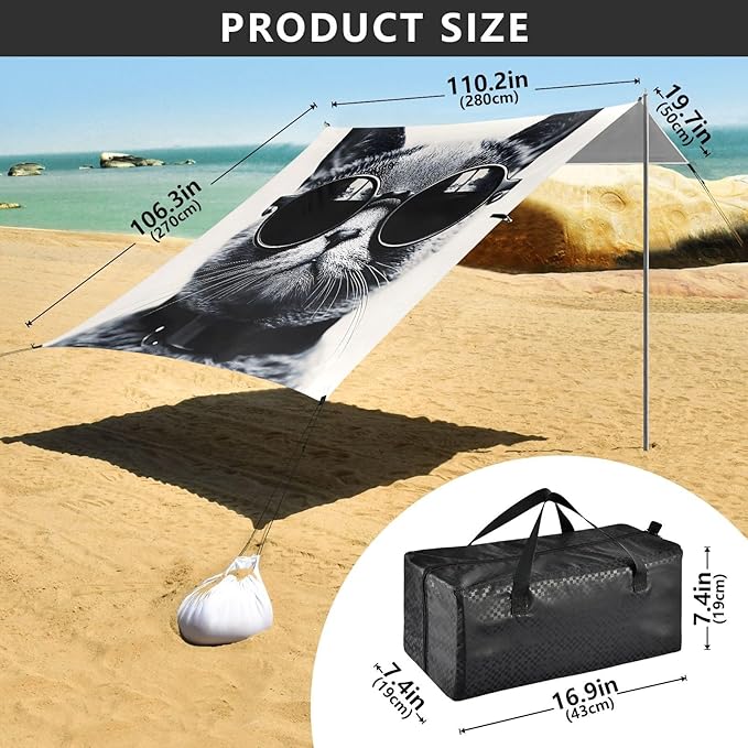 ALAZA Cat with Sun Glasses Beach Tent Sun Shelter UPF50+ Protection Beach Shade Canopy w/ 4 Sandbags for Outdoor Camping Fishing Backyard Fun Picnic 10x9 ft