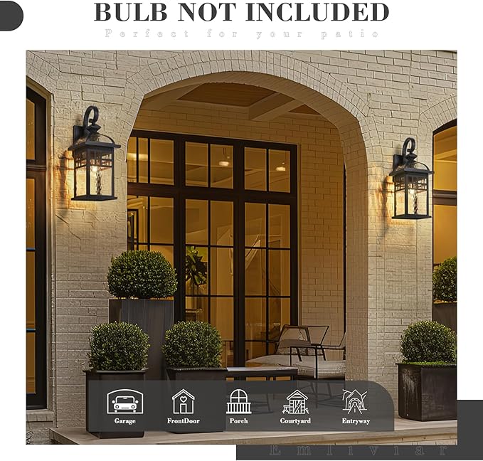 Emliviar Black Exterior Lighting Fixture 22 Inch Farmhouse Outside Lights for House with Water Ripple Glass DE281B-M BK-WP