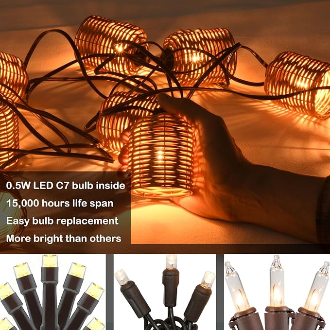 Natural Rattan String Lights 10 Rustic Raffia Cage 13 Ft Plug in &amp Connectable Wicker LightsNatural Color Rattan