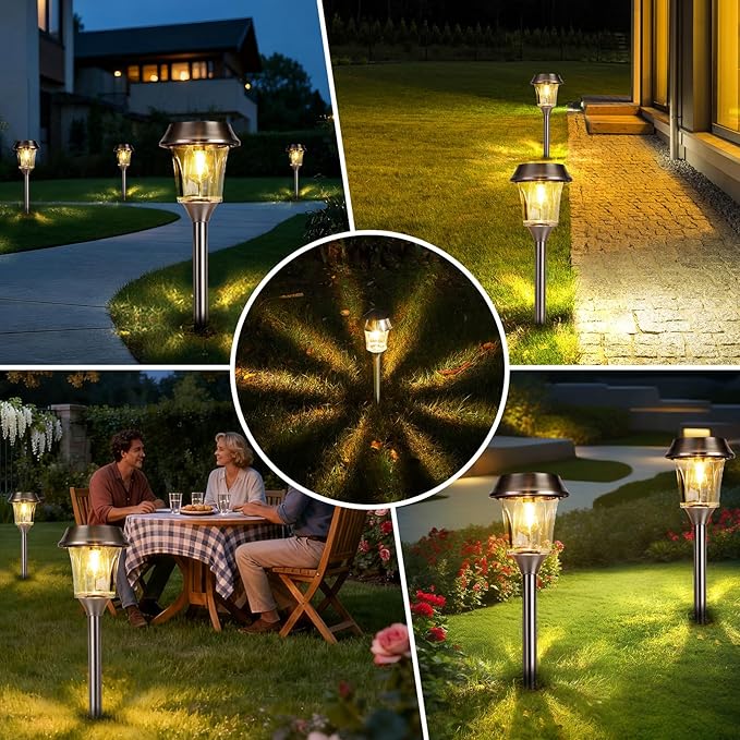 Solar Pathway Lights Outdoor 4 Pack Stainless Steel &amp Glass Solar Garden Lights Auto Dusk to Dawn IP65 Waterproof LED Path Lights for Yard Lawn Walkway Driveway