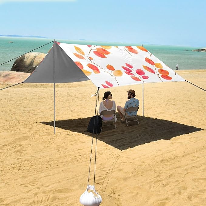 Bolaz Beach Canopy Tent Sun Shade9'×10.5' Large Family Beach Shade UPF50+- Outdoor Shade for Camping Trips FishingWatercolor Red Orange Maple Leaf Pattern