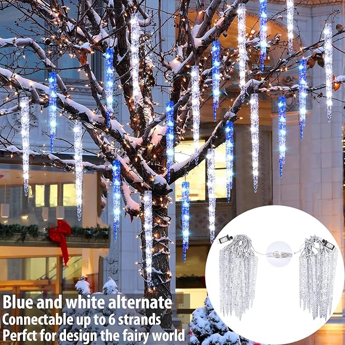 Blue and White Icicle Lights for Outside Christmas Lights Outdoor with 20 Large Tubes 29FT 8 Modes with Timer Connectable Meteor Shower Light for Eave Roofline Tree Decoration