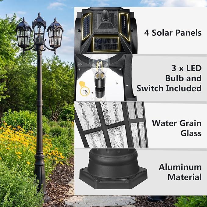 Emliviar 82.7 3-Head Outdoor Solar Lamp Street Lights Dusk to Dawn Post Lighting for Driveway Garden LED Exterior Black Pole Light with Water Grain Glass YXE302PL-3 SL BK