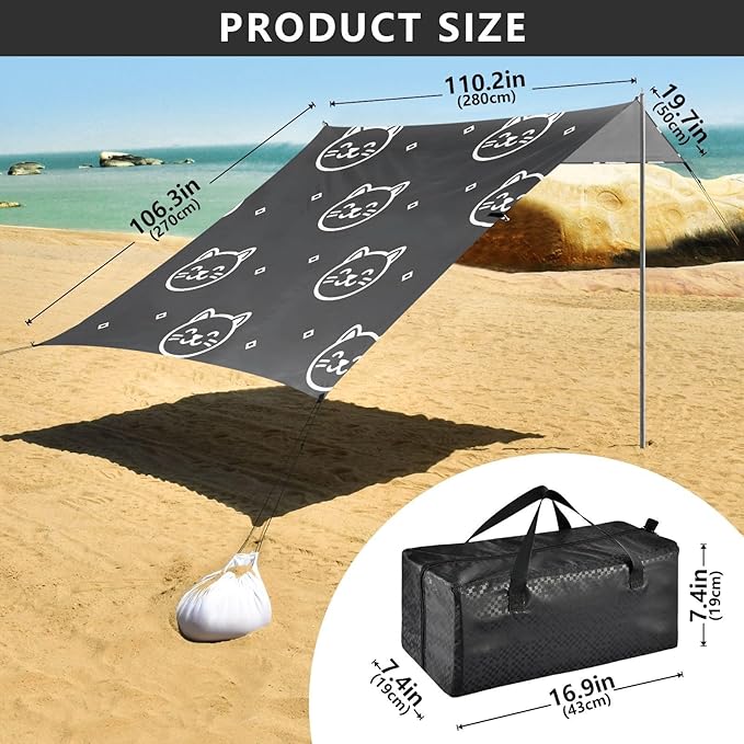 ALAZA Cute Kitten Cats Beach Tent Sun Shelter UPF50+ Protection Beach Shade Canopy w/ 4 Sandbags for Outdoor Camping Fishing Backyard Fun Picnic 10x9 ft