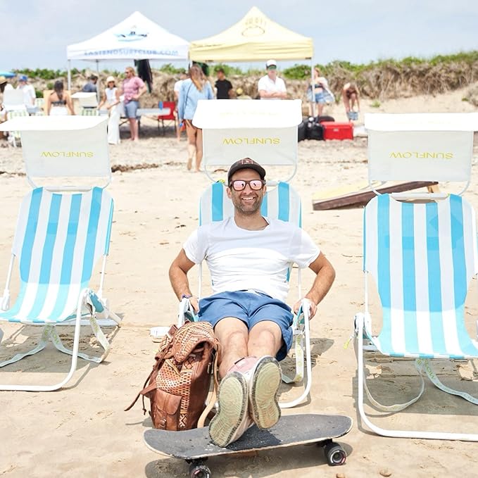 SUNFLOW Shore Thing Premium Beach Chair - Adjustable Portable Rust-Resistant Reclining Beach Chair with UPF 50+ Sun Shade and Drink Holder for The Ultimate in Comfort (Sky Blue Stripe)