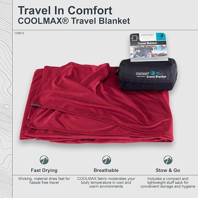 cocoon - Coolmax Travel Blanket | Compact Throw Blanket for Camping and Hiking | Fits in Backpack | Attaches to Luggage | Travel Essential | Fast Drying (Regular 70 x 55)
