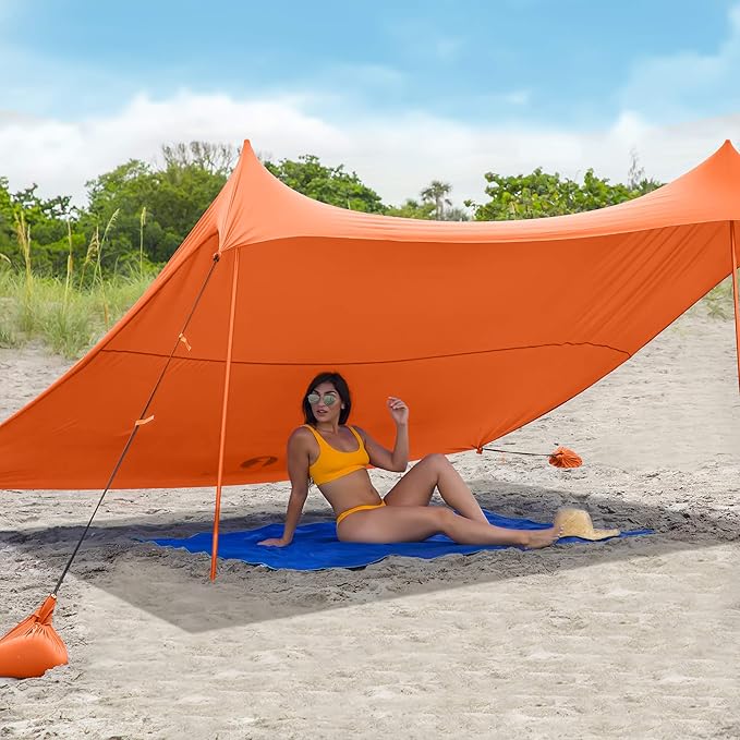 Red Suricata Family Beach Tent &amp Canopy UPF50 Sun Shade 4 Aluminum Poles Sand Shovel Medium Portable Sun Shelter (Medium Orange)