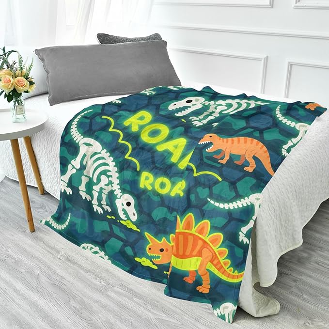 Throw Blankets For Women Roaring T-rex Skull Ankylosaurus Rock Texture Fluorescent Yellow Green Blankets And Throws 50x70