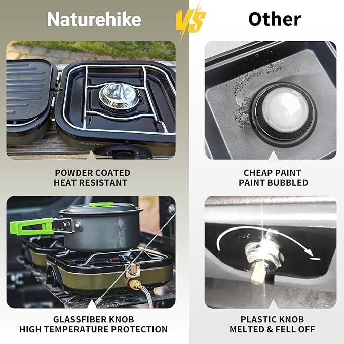 Naturehike 2 Burner Folding Camping Stove with Griddle Portable Camp Isobutane Gas Stove with 16000 BTU Adjustable Burners &amp Piezo Ignition