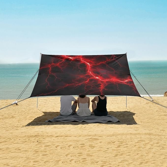 Red Lightning on Black Beach Tent Sun Shelter 9.2' x 10.5' Beach Canopy with 4 Sandbags 4 Stability Poles Sand Shovels - Tent Canopy for Beach Camping Fishing Picnics