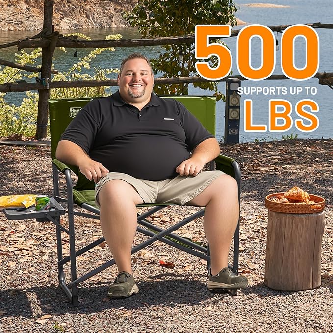 Timber Ridge XXL Extra Wide Foldable Directors Chair with Side Table 500 lbs Heavy Duty Camping Chairs for Adults Oversized Folding Lawn Chair for Lawn Beach Sports Outdoor Blue