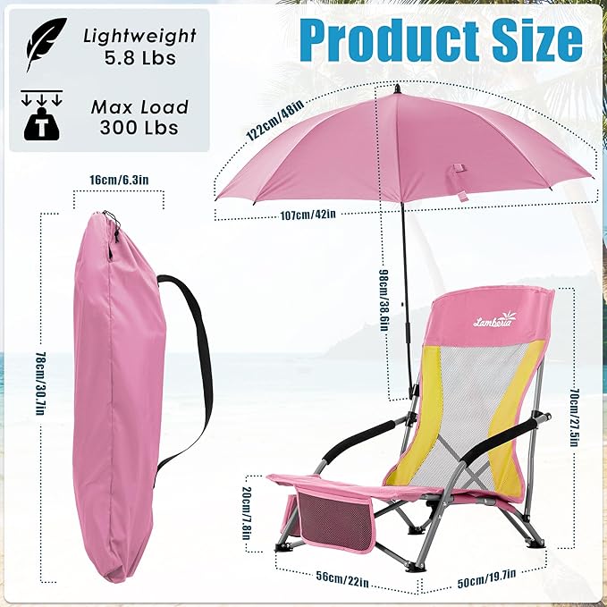 Lamberia Folding Beach Chair with Umbrella for Adults Portable Low Beach Chairs with 300lbs Capacity Lightweight Fodable Camping Chair for Travel Picnic Concert &amp Outdoor Activities Pink-Yell