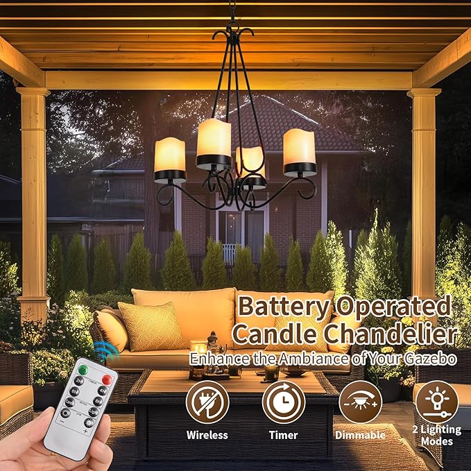 HOXIYA Battery Operated Outdoor Lights 4 Light Battery Powered Pendant Light Waterproof Wireless Hanging Chandelier Led Candle Light with Remote for Porch Patio Pergola Gazebo Canopy Tent Decor