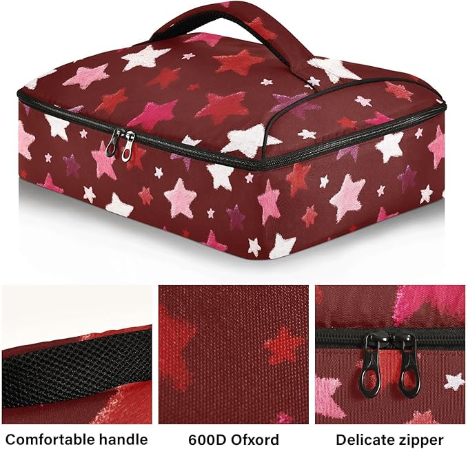 Casserole Carrier Red Stars PatternInsulated Casserole Carrier for Hot or Cold Food Thermal Lunch Tote for Potluck Parties Picnic Beach Fits 9 x 13 Inches Baking Dish