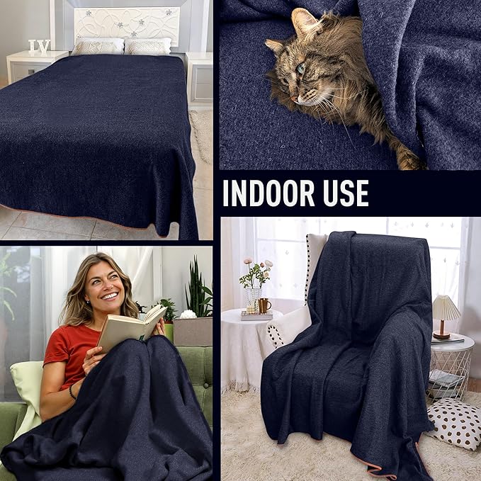 Large Military Wool Blanket - Warm &amp Thick Emergency Survival Blanket Great for Camping Outdoors Sports Events Picnics 4.5 lbs 64 x 88 (Navy)