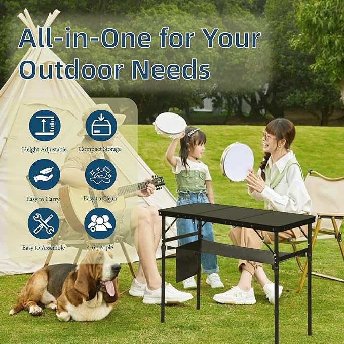 LOFTEY Folding Camping Table with 3 Adjustable Height 3ft Foldable Aluminum Camp Table Lightweight with Storage Bag Portable for Outdoor BBQ Hiking 34.2 x 15.7 x 27.5 Black
